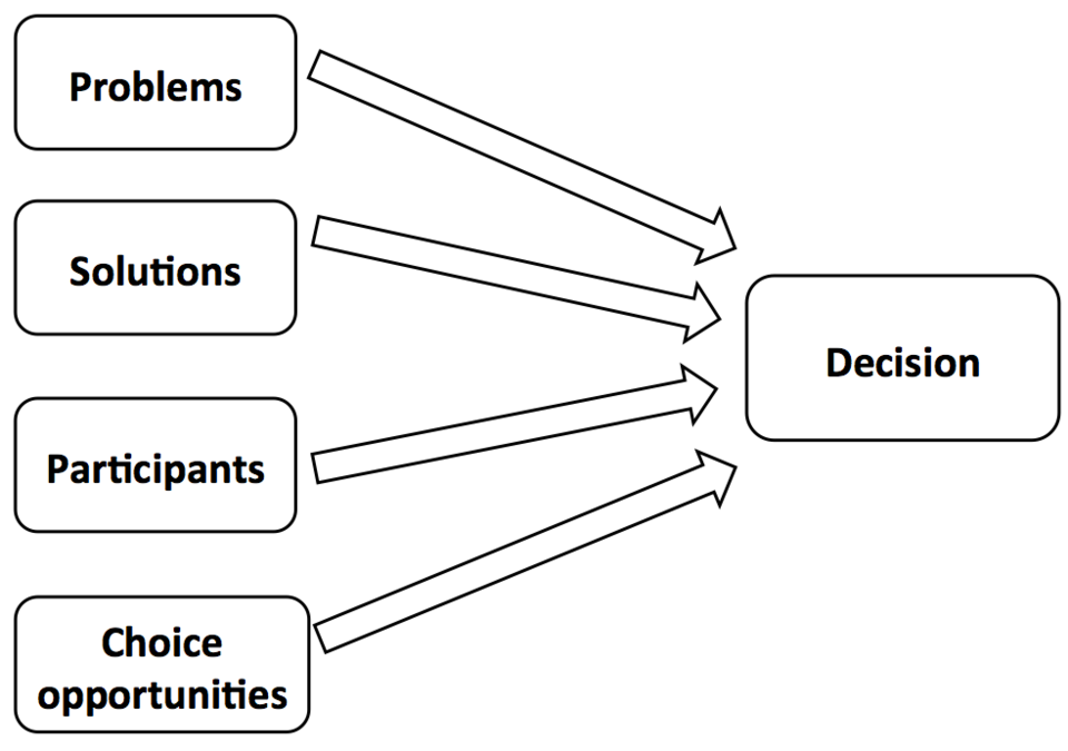 Boxes labeled "Problems," "Solutions," "Participants," and "Choice opportunities," each with an arrow pointing to a box labeled "Decision."