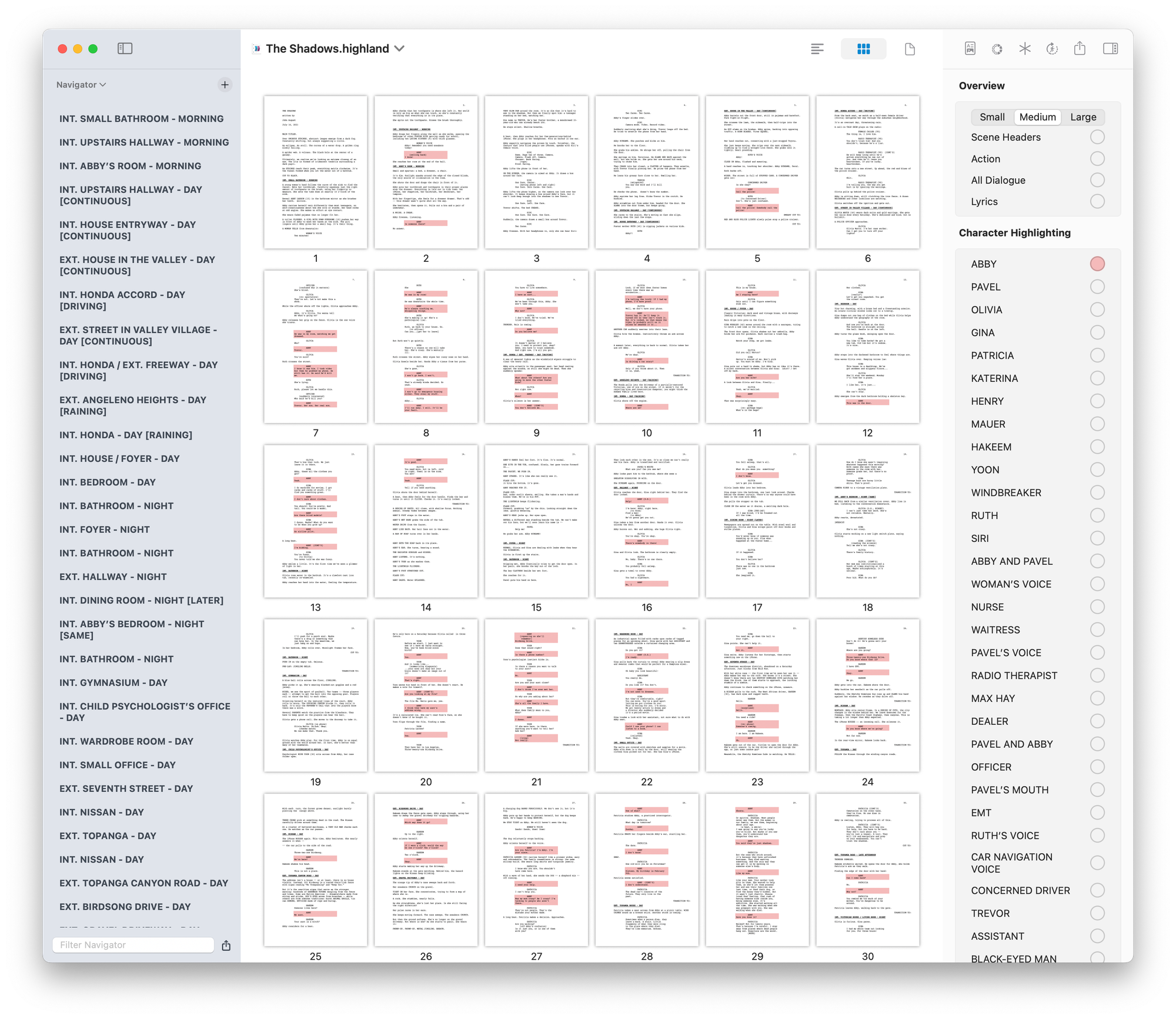 Highland Pro’s overview feature showing scaled-down versions of each page.