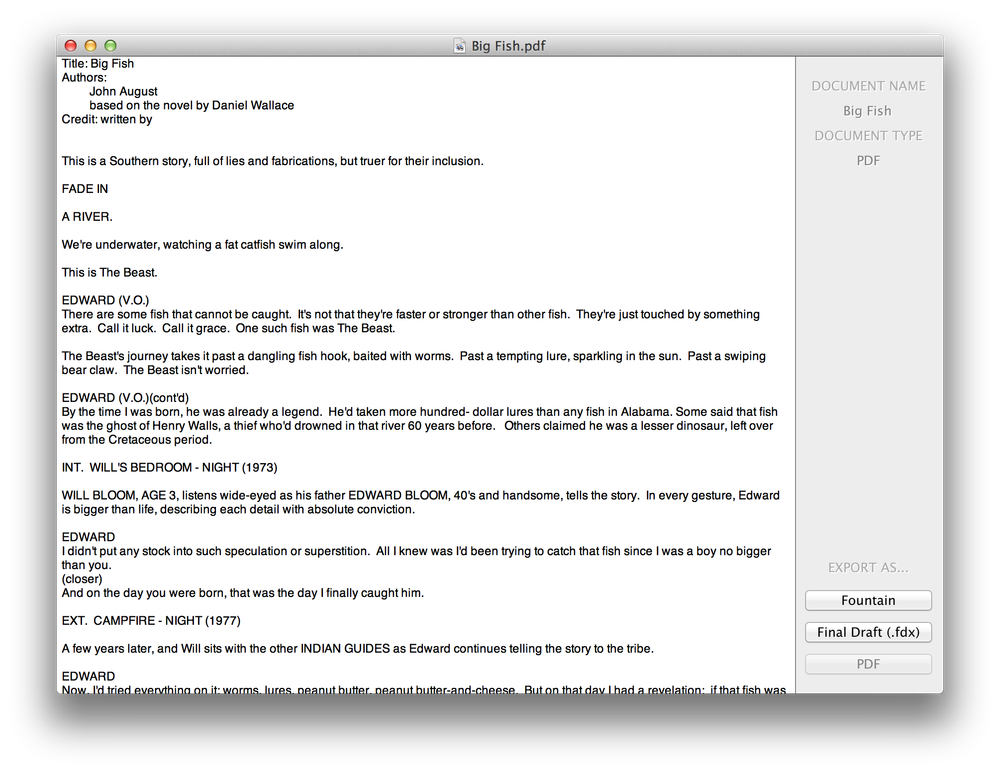 Screenshot of a window from the first version of Highland, editing text from the script for Big Fish.