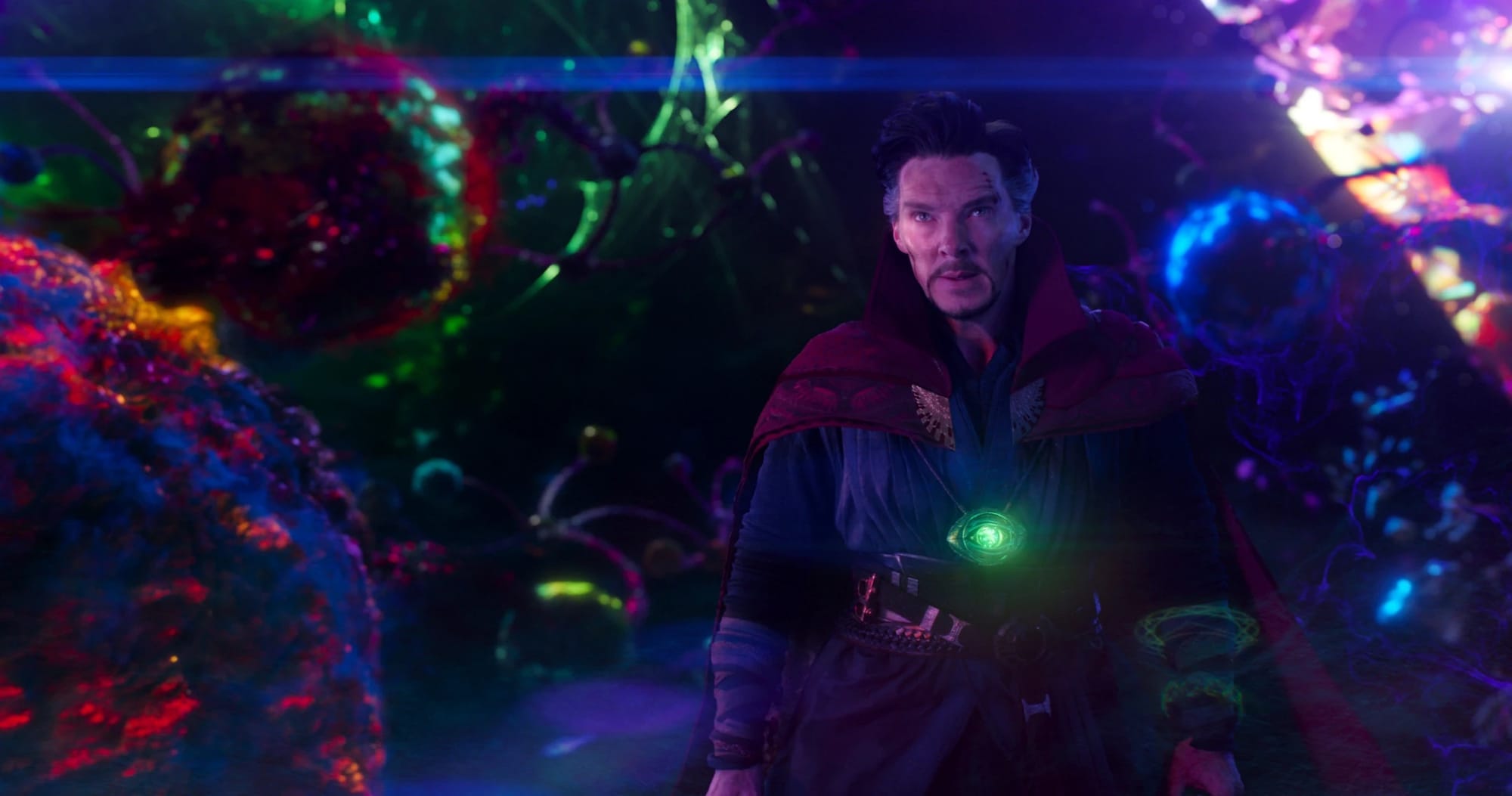 From *Doctor Strange*, Stephen Strange enters the dark dimension wearing the Eye of Agamotto.