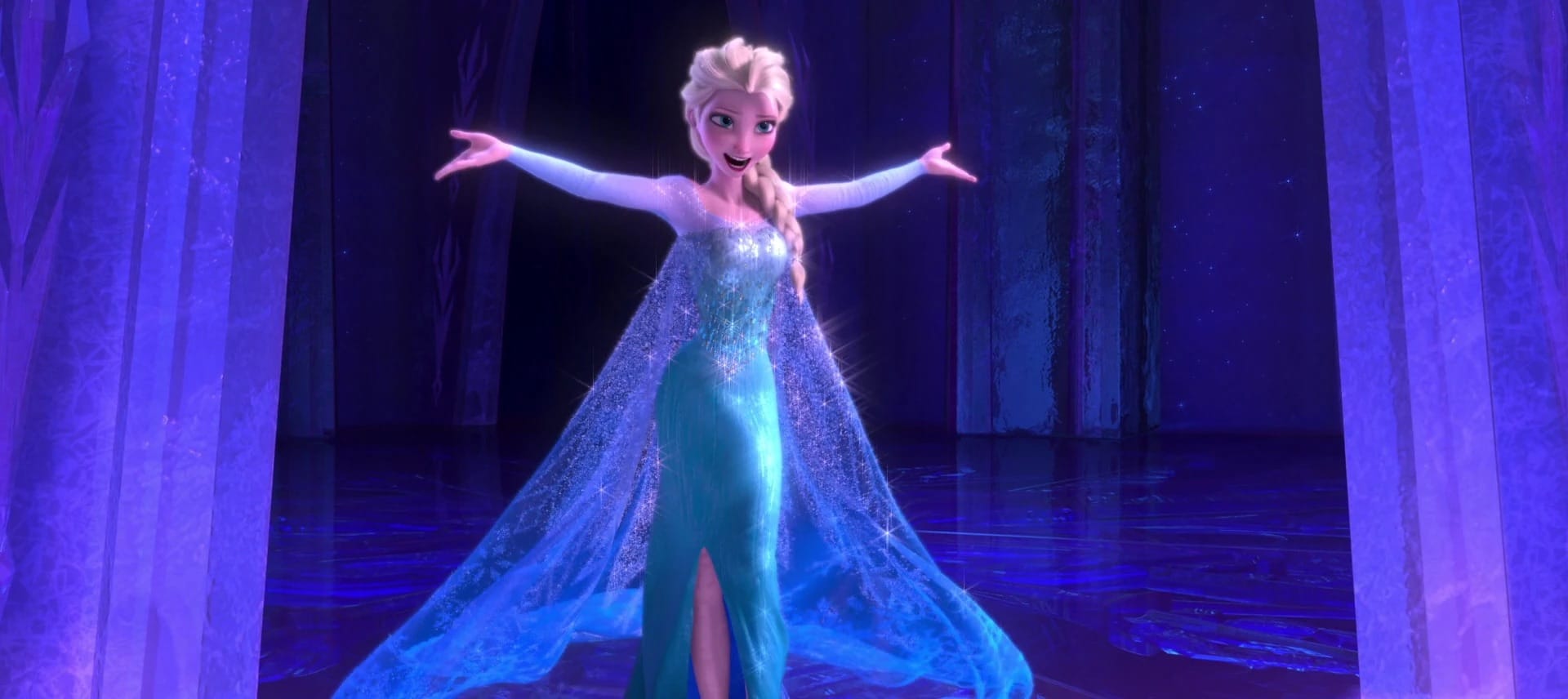 Frozen: Elsa in her new sparkly dress walks out to the balcony of her ice palace, belting out Let it Go.