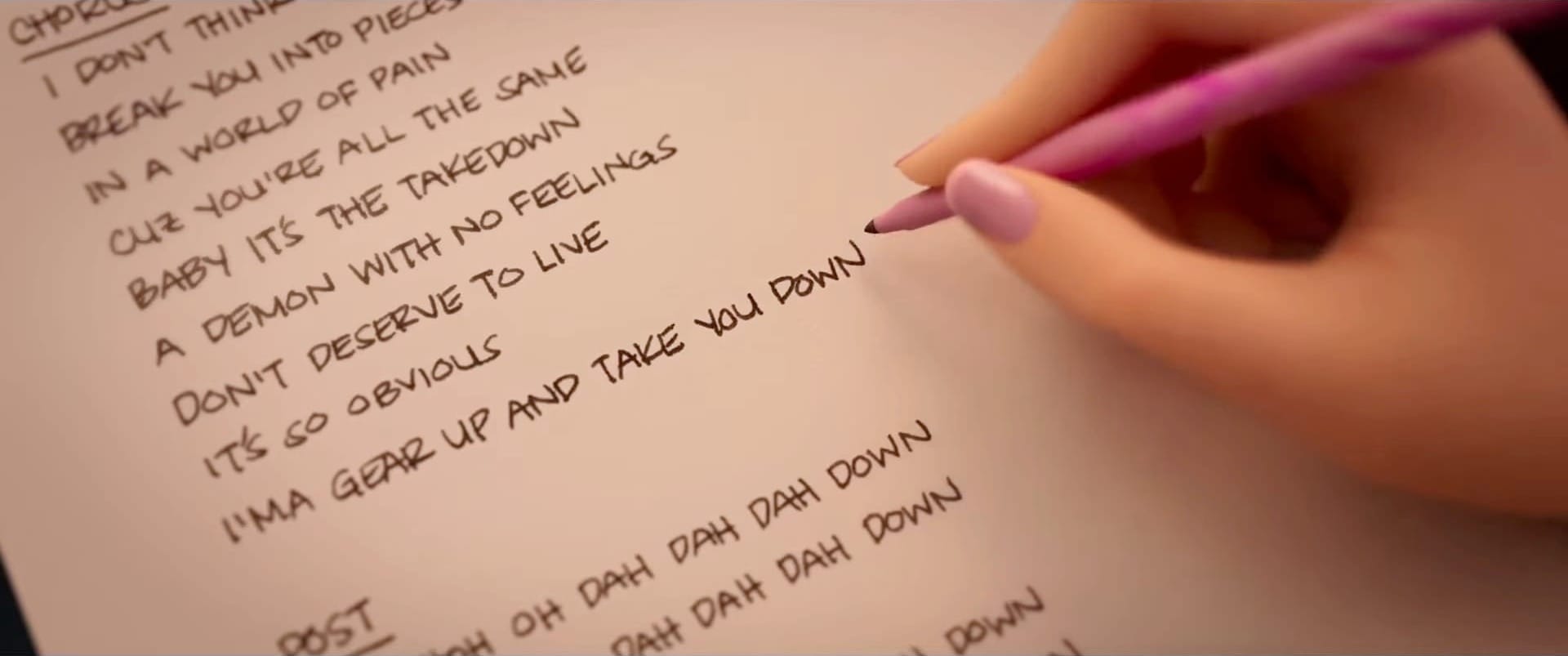 Kpop Demon Hunters: Close up on Rumi transcribing the lyrics to Takedown in a notebook.