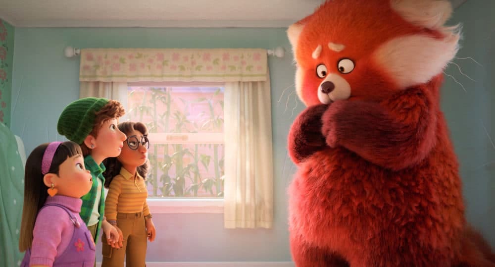 Turning Red: Mei Lee in giant red panda form anxiously stands in front of her three besties.