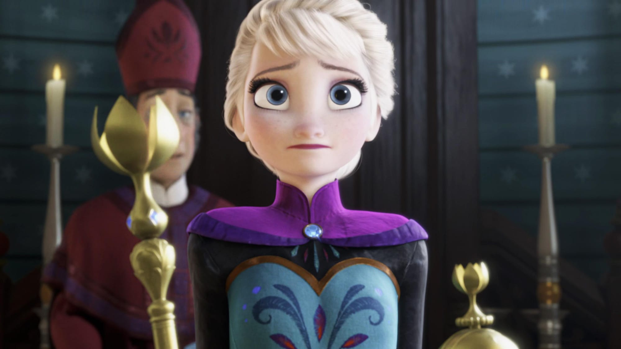 Frozen: Elsa stands for her coronation, stiff and uncomfortable, clutching a scepter and orb while a bishop behind her intones.