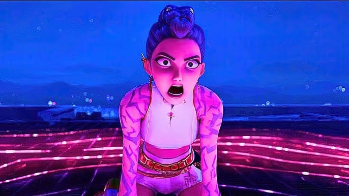 K-Pop Demon Hunters: Rumi in a sleeveless shirt, revealing the demon markings on her arms, screams in range on top of a building.