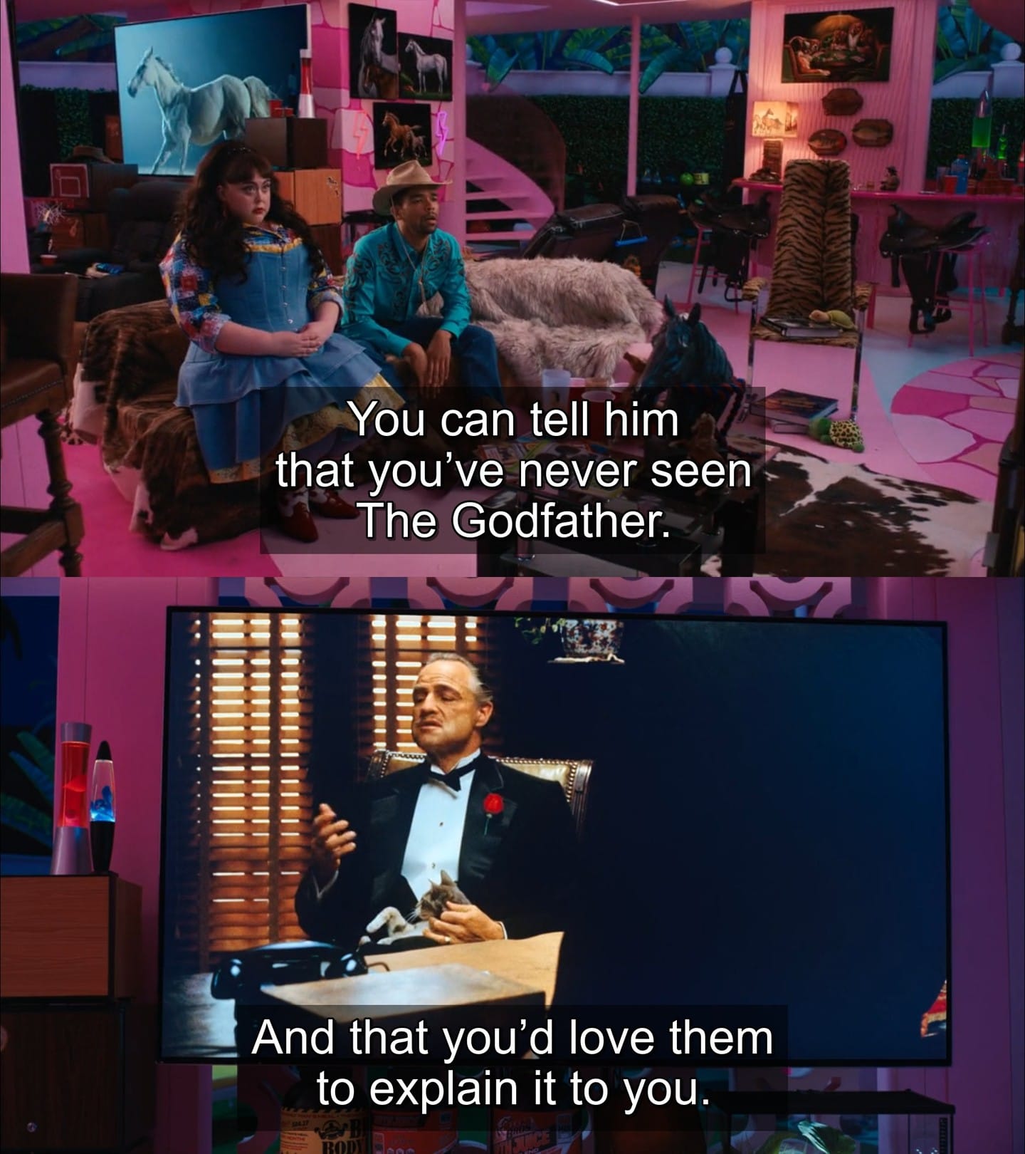 Barbie: Narrating the plan for how "You can tell him that you've never seen The Godfather and that you'd love them to explain but to you."