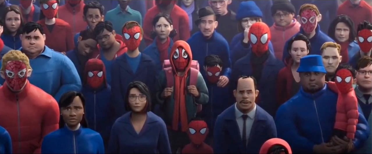 Miles in a Spider-Man mask in a crowd of mourners at Peter Parker's funeral.