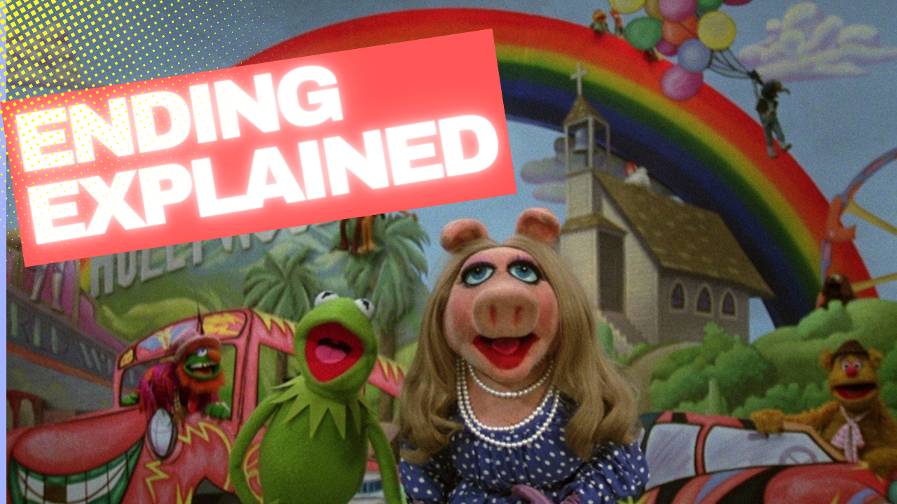 A Youtube video thumbnail image-style graphic with the text ENDING EXPLAINED superimposed over a shot from the end of The Muppet Movie with Kermit and Miss Piggy singing.