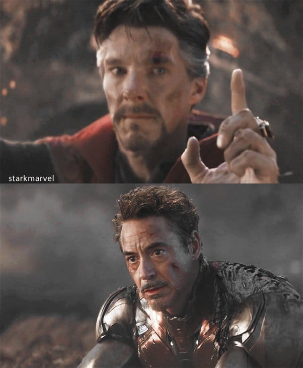Two screen caps of Avengers: Endgame - 1 Doctor Strange looks at the camera and holds up one finger. 2 Tony Stark in a busted up Iron Man suit looks distraught but resolved.