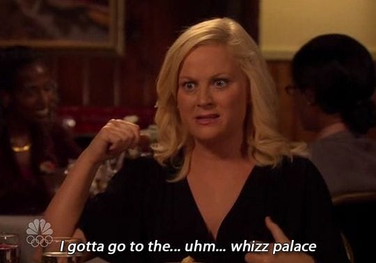 Leslie Knope from Parks and Recreation in a fancy restaurant trying to excuse herself from the table. She says "I gotta go to the.. uhm... whizz palace."