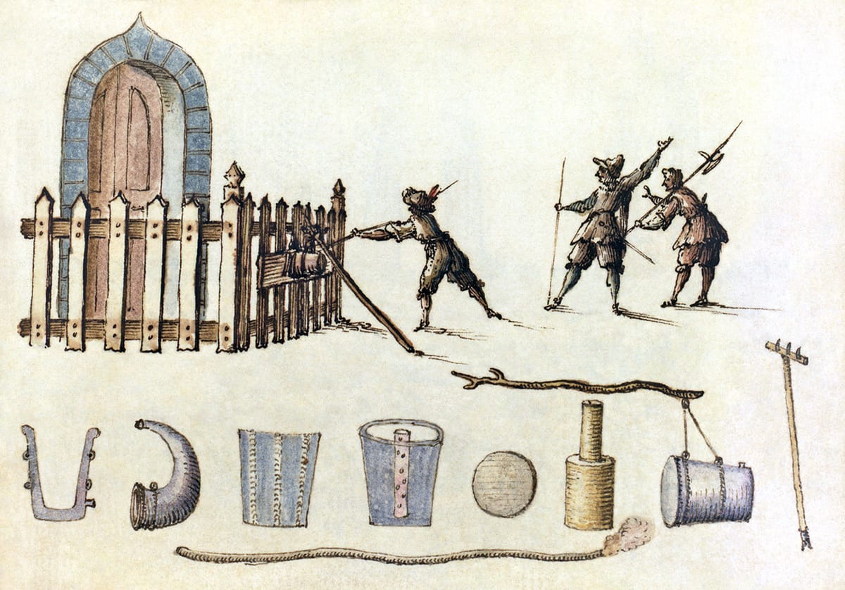 From Wikipedia, a 17th century diagram of making a petard and how to stage it to breach a doorway.