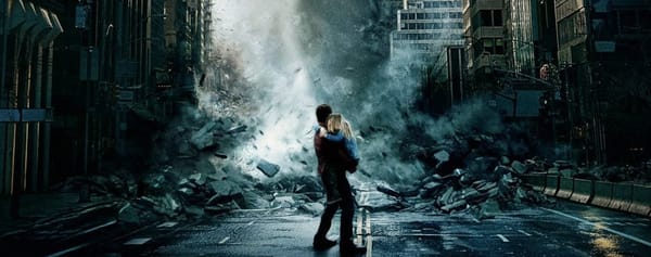 Image from the film poster of Geostorm, with tornadoes and a wave destroying skyscrapers while Gerard Butler holds a kid?