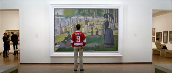 Cameron in Ferris Bueller's Day Off stares at the painting A Sunday on La Grande Jatte by George Seurat.