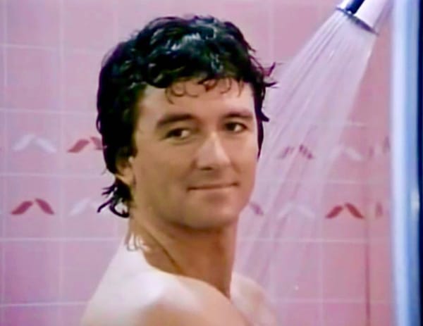 Dallas - Patrick Duffy turns around in the shower to look to camera, revealing that his character didn't actually die. Caption quote from the Notorious B.I.G. song, "Juicy."