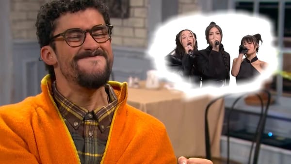 Saturday Night Live: Bad Bunny as Thomas sits at brunch, ignoring his friends and dreaming of Huntr/x.