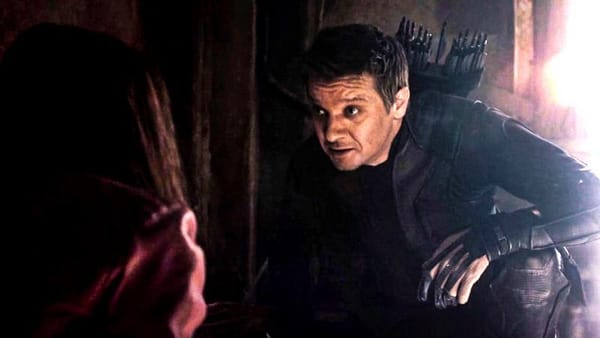 Avengers: Age of Ultron - Hawkeye crouches down to give Scarlet Witch a pep talk in the most Hawkeye way imaginable.